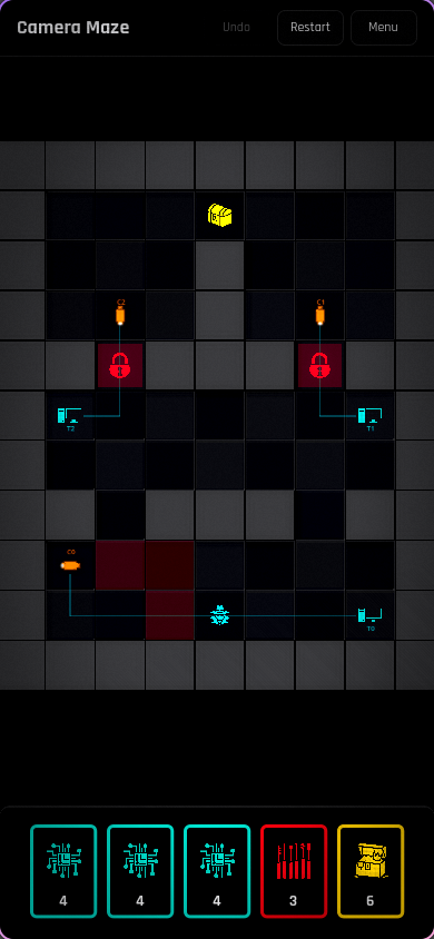 Card Caper Camera Maze puzzle with colored objectives, cameras, locks, and cards