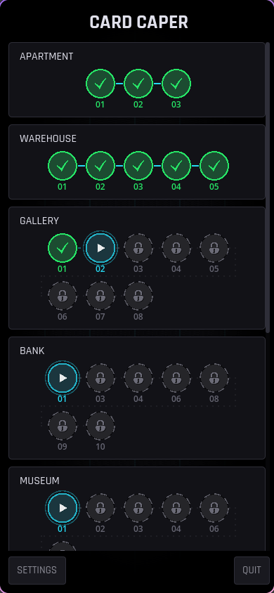 Card Caper level select screen with apartment, warehouse, gallery, bank, and museum sections