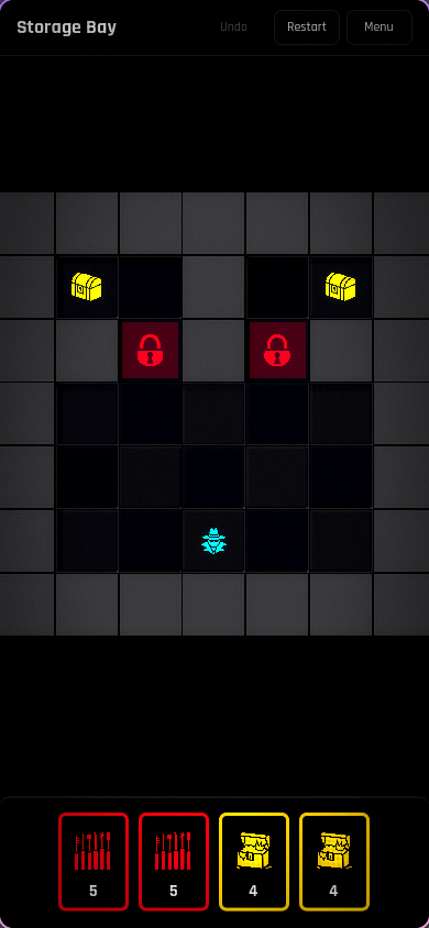 Card Caper Storage Bay puzzle with a thief, locked doors, loot, and cards