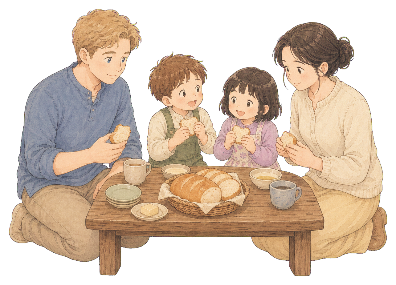 A family sharing bread together at a table