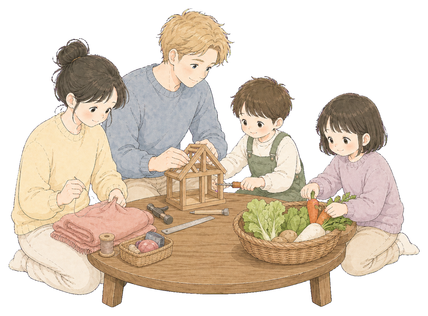 A family gathered around a table with tools, food, clothing, and a small house model