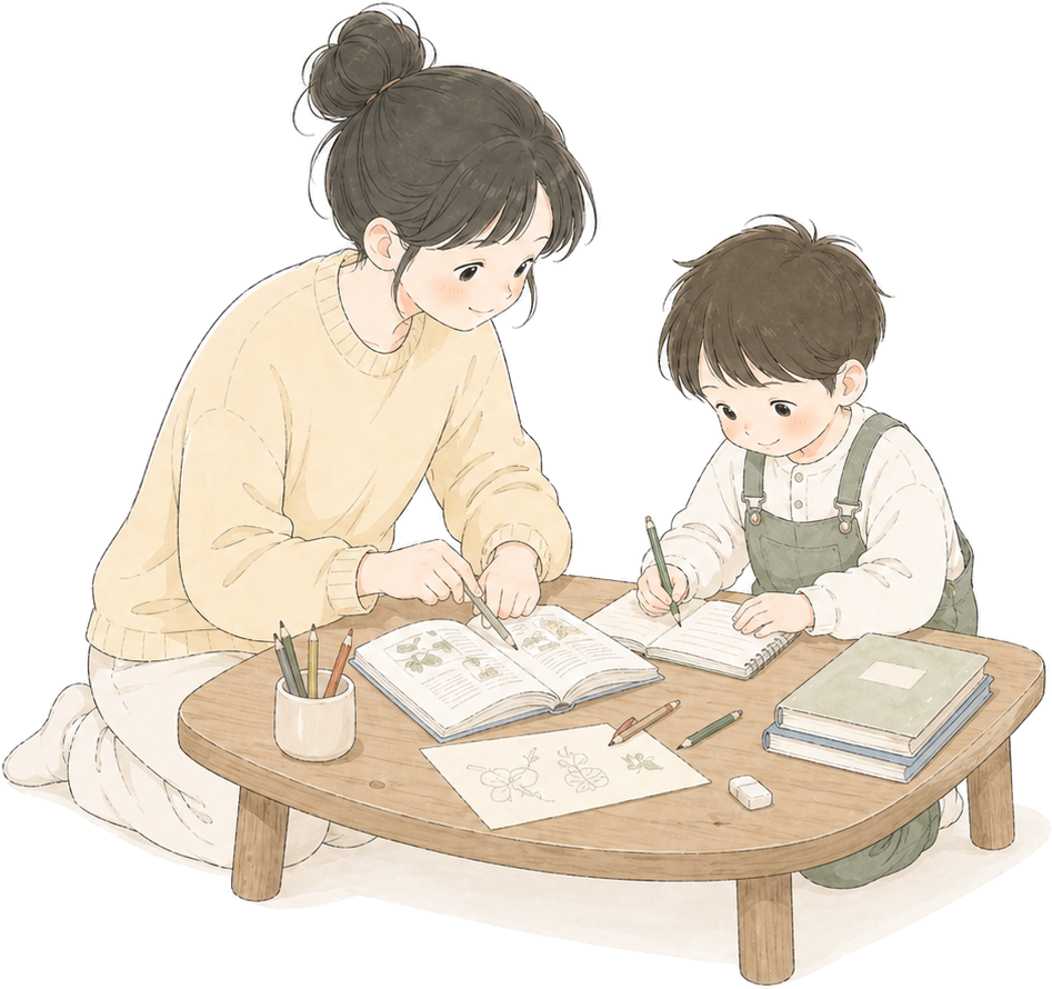 An adult and child reading and learning together with books and pencils
