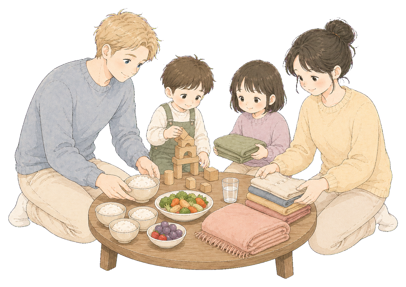 A family sitting together with food, blankets, blocks, and everyday objects